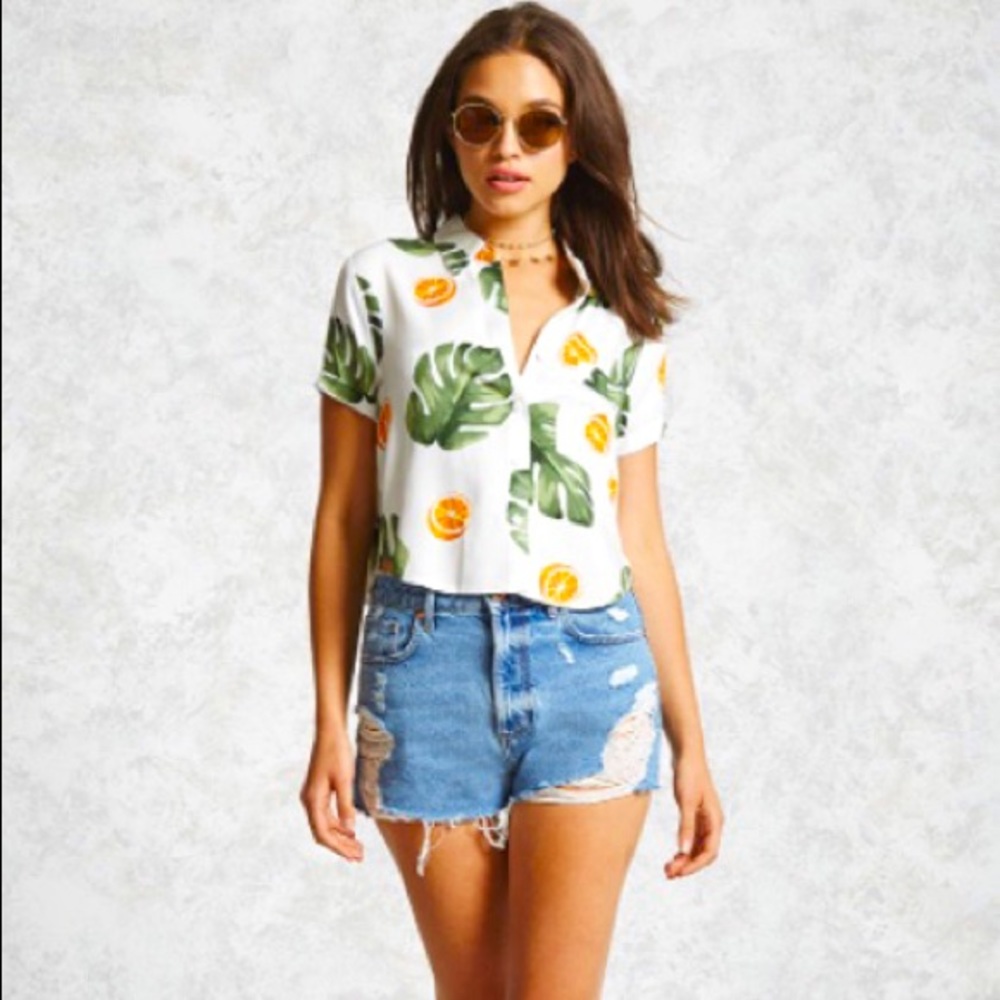 Orange and Leaf Print Button-Up Top - Picture 2 of 5
